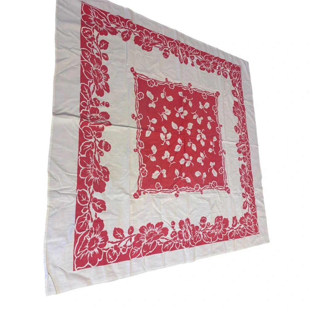 Vintage Red White Floral‎ Square Card Table Tablecloth Screen Print MC 43x43